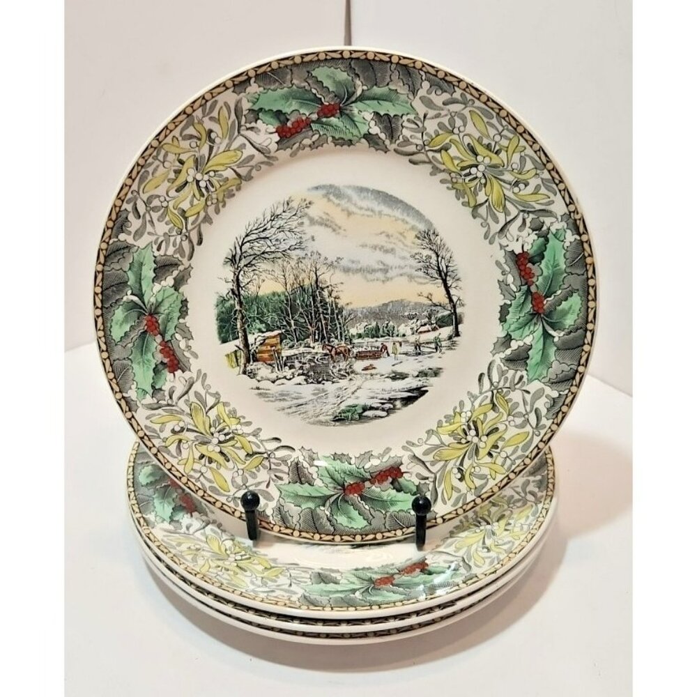 Vtg Adams Made for B Altmann & Co  Winter In The Country 8" Plates Set Of 4